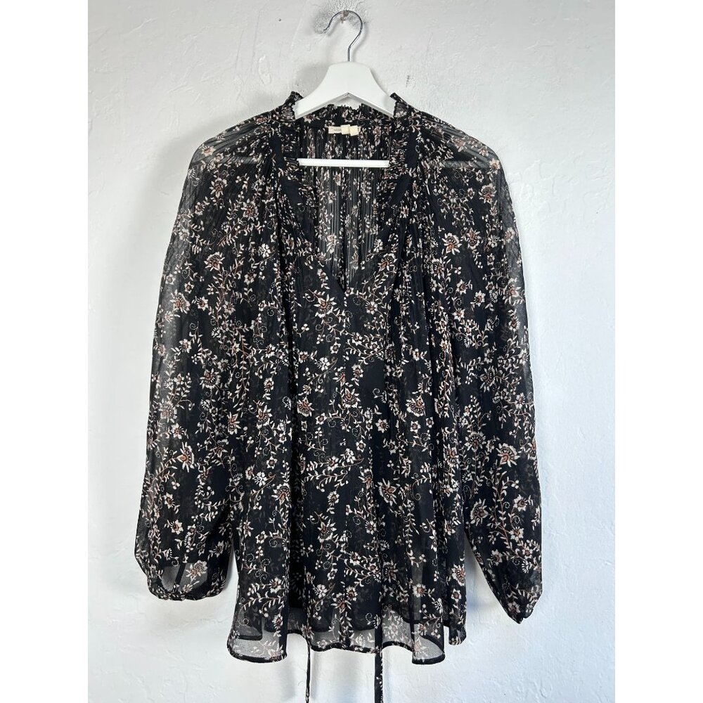 Anthropologie Meadow Rue Women Black Floral Tie-Neck Bouse Top Ruffle Trim Large